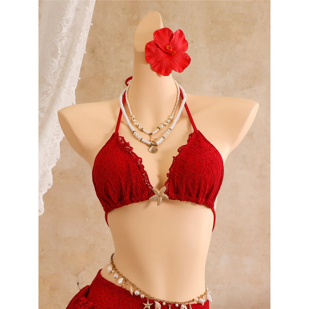 Mit Rüschenrock, Neckholder-Bikini, Damen-Badeanzug, dreiteiliges Bikini-Set, gepolsterter Badeanzug, Badebekleidung, Badeanzug V8400 – Detail 15