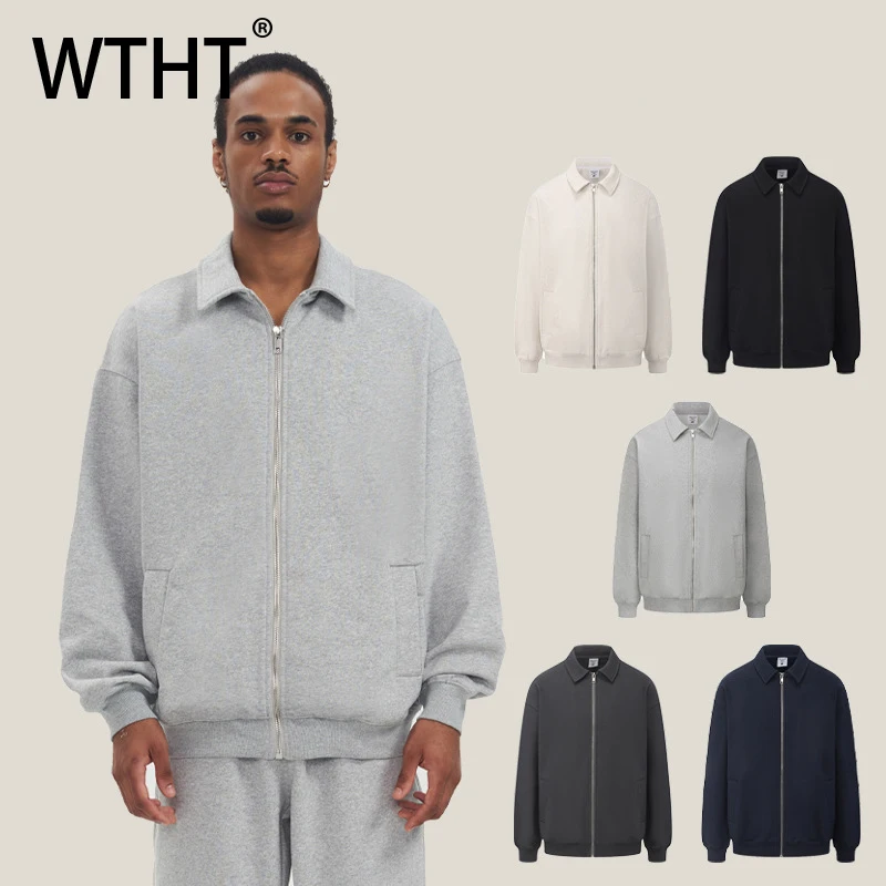 

WTHT Vintage Men's Loose Big Pockets Solid Color Keep Warm Coats Fashion 2026 Spring Turn Down Collar Zipper Jackets Male 2A2639