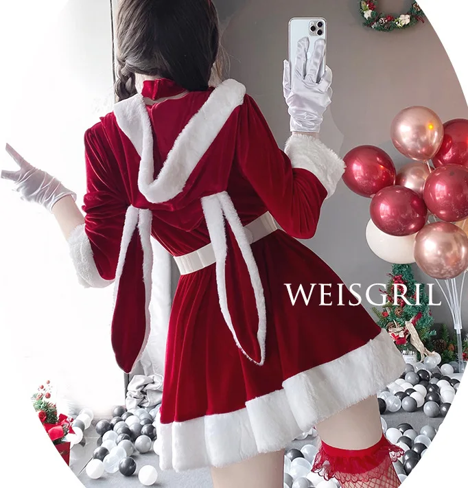 Cosplay Santa Autumn Winter Cute Christmas Red Shawl Dress Women Holiday Costume Party Dress Up Outfit Female Kawaii Cloak