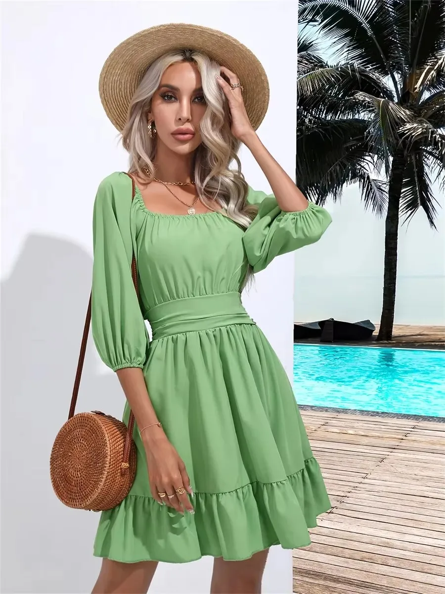 Women's Spring/Summer Beach Style Folded Dress Women's Half Fluffy Strap Short Skirt Sleeve Ruffle Edge Square Neck Mini Dress