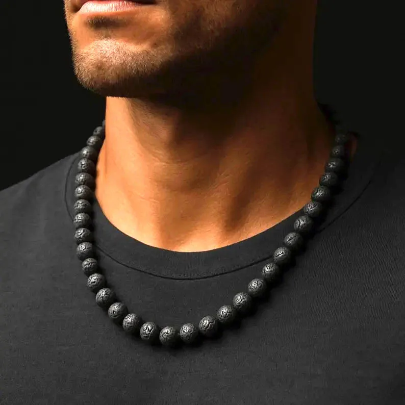 Fashion Vintage Beaded Choker Necklace Men Elastic Rope 8mm Natural Black Lava Stone Beads Necklace Simple Rock Jewelry