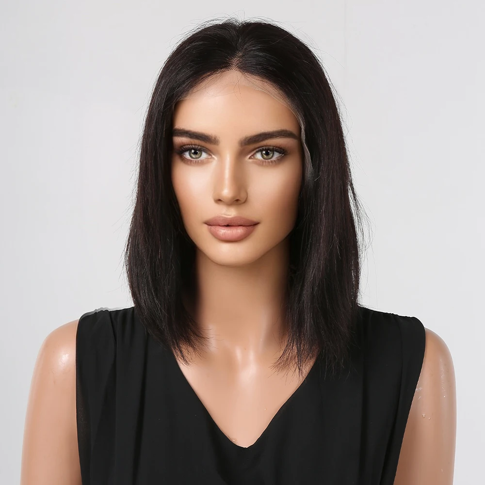 Perruque Bob Lace Front Wig naturelle, couleur naturelle, mi-longue, longueur d'épaule, partie centrale, cheveux doux naturels, pour femmes