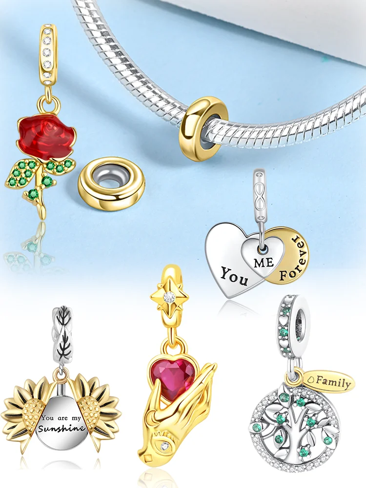 Charms Plata Golden Sun Rose Tree Heart Silver Plated For Charms Silver Plated Original Bracelet for Jewelry Making