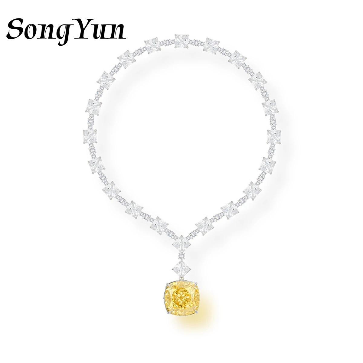 

SY Luxury s925 Jewelry Yellow Gemstones Necklace For Women 925 Sterling Silver Square Sweater Chain Pendant Necklace Jewelry