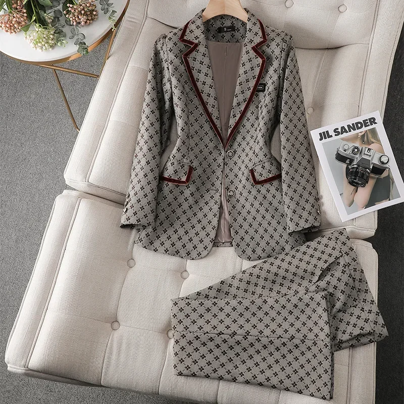 Grey Women Suits Blazer Business Work Wear Pants Female Spring Office Lady Jacket Fashion Elegant Girl Coat Trousers Prom Dress