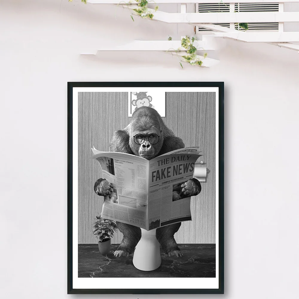 Funny Gorilla Business Poster and Print On The Wall Reading Newspaper Painting Washroom Restroom Decor Black White Art Picture