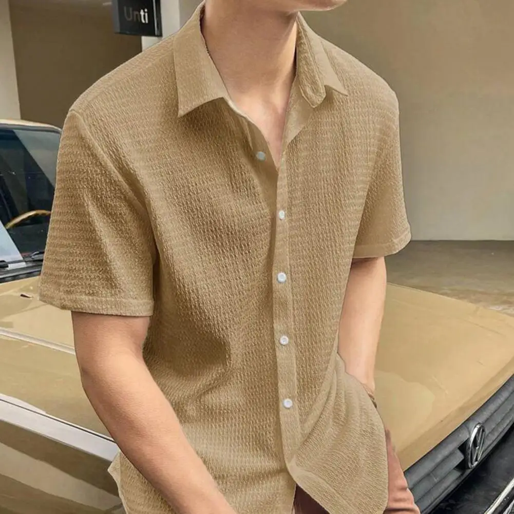 

Lightweight Shirt Stylish Men's Water Wave Texture Shirt Single-breasted Loose Fit Short Sleeves for Summer Office Commute Lapel