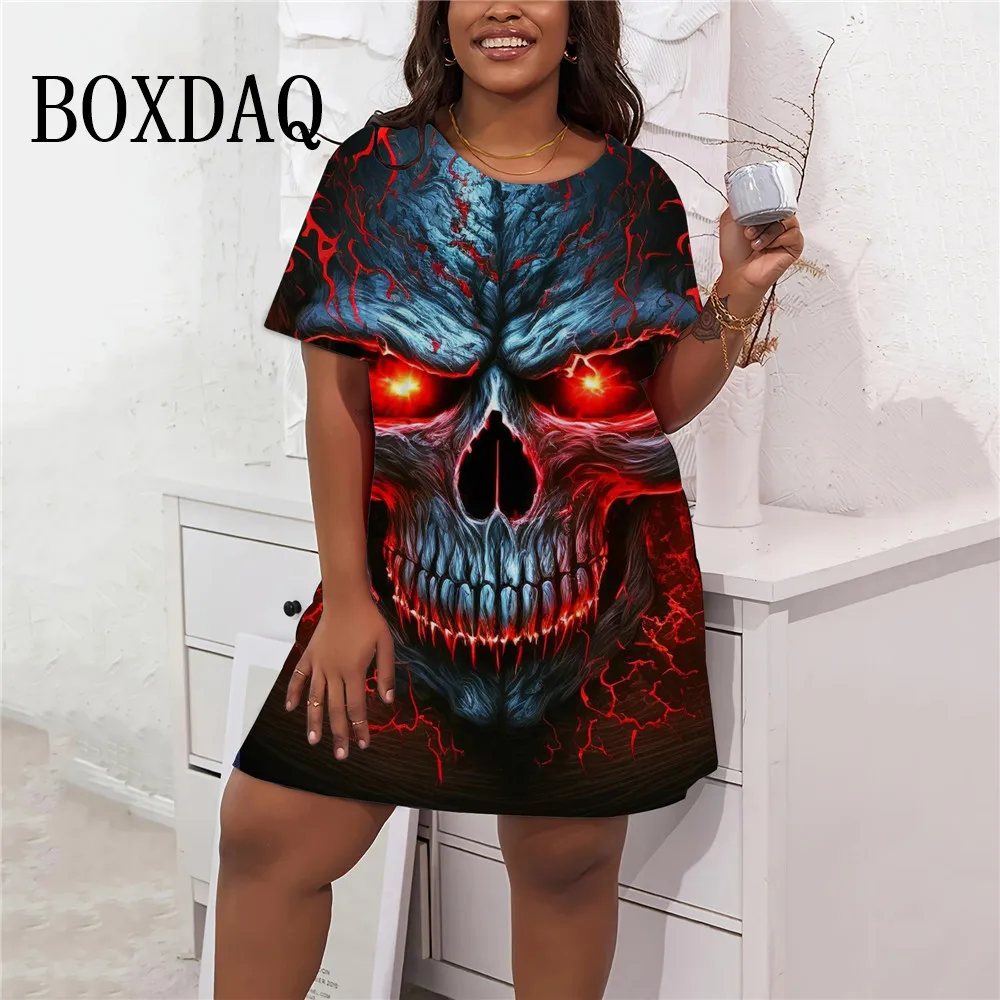 Fashion Terror 3D Skull Women's Dress Gothic Style Short Sleeve 3D Print Loose Clothing Plus Size Casual Pullover Women Clothing