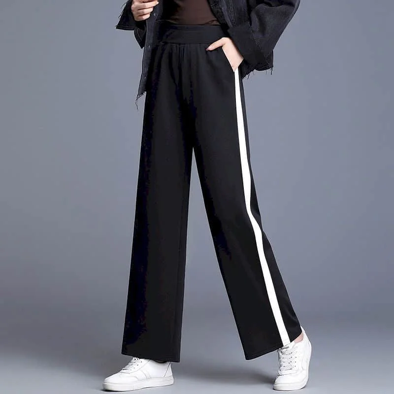 Black Pants for Women Loose Straight Pants Stripe Design Vintage Summer Thin Korean Style Elastic Waisted Cropped Trousers Women