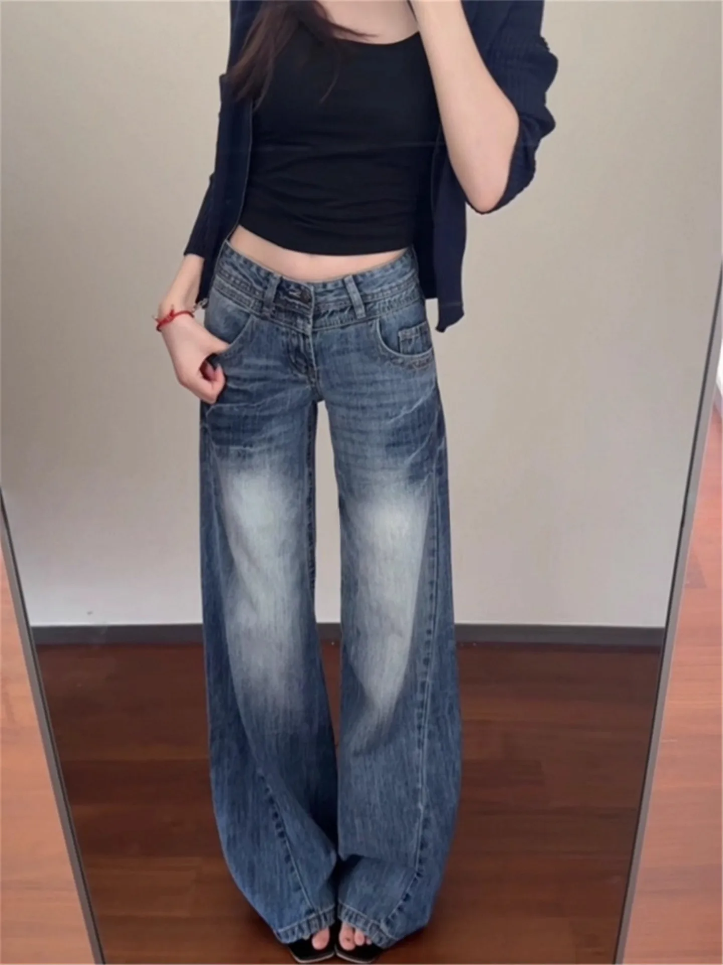 

Ретро-джинсы американского стиля синего цвета с низкой талией и широкими штанинами, женские, весенне-осенние, свободного кроя, модные длинные леггинсы, хлопковые удобные брюки