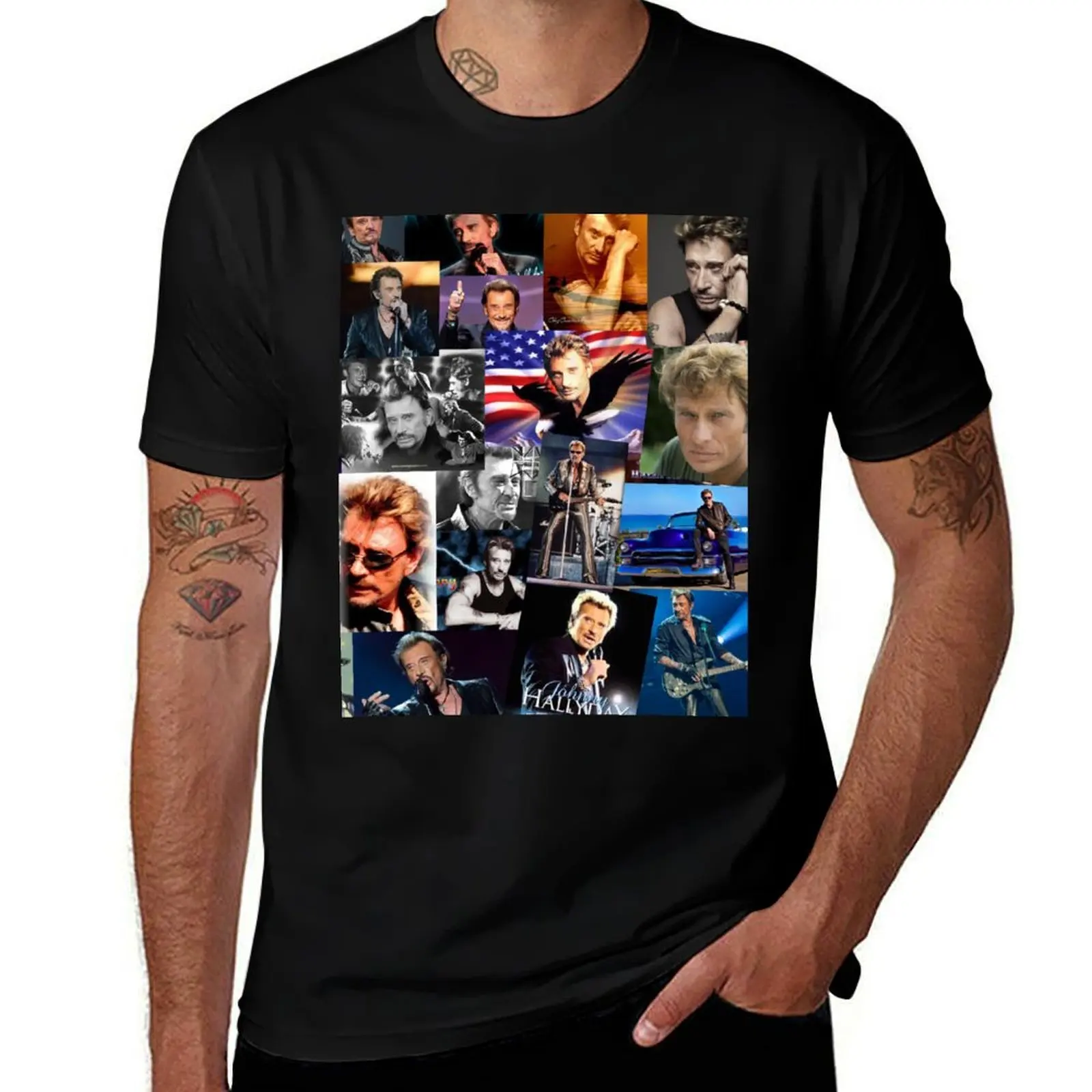 Johnny Hallyday French singer Assorted Rectangular Vintage Collage T-Shirt Casual Daily Graphic Tee T-Shirt
