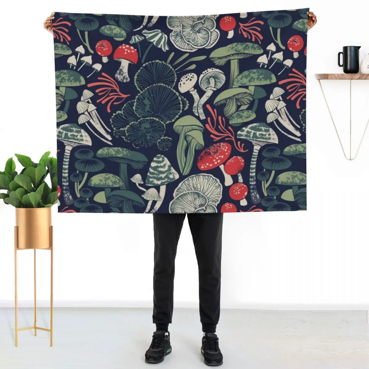 

Mystical fungi // midnight blue background sage and forest green red and coral wild mushrooms Throw Blanket