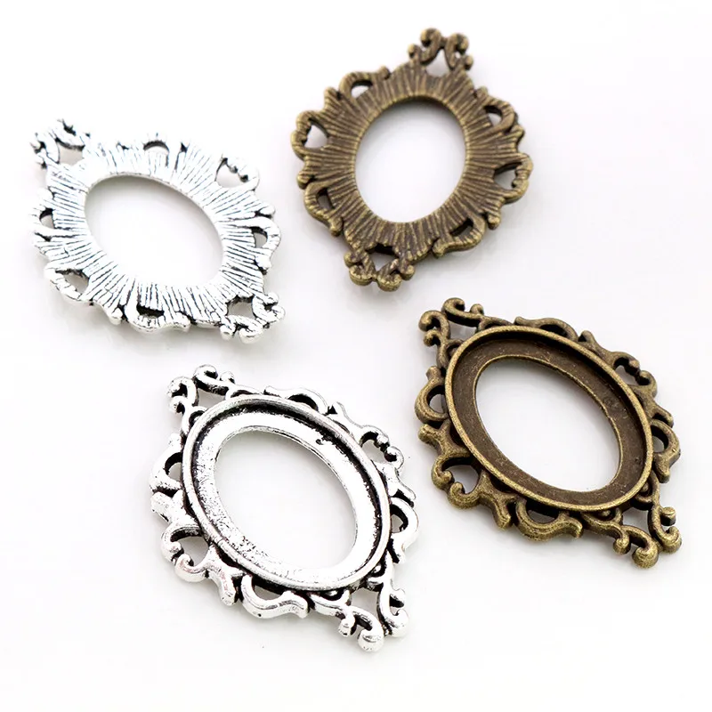 10pcs 18x25mm Inner Size Antique Silver Plated Bronze Flowers Style Cameo Cabochon Base Setting Charms Pendant necklace findings