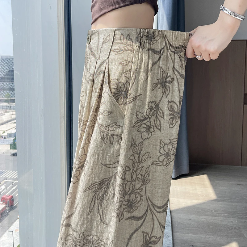 โซลวินเทจผ้าฝ้ายและผ้าลินินลายดอกไม้พิมพ์กางเกงขากว้างของผู้หญิง 2025 ใหม่เอวสูงปุ่มเดียวกางเกงหลวมๆสบายๆ