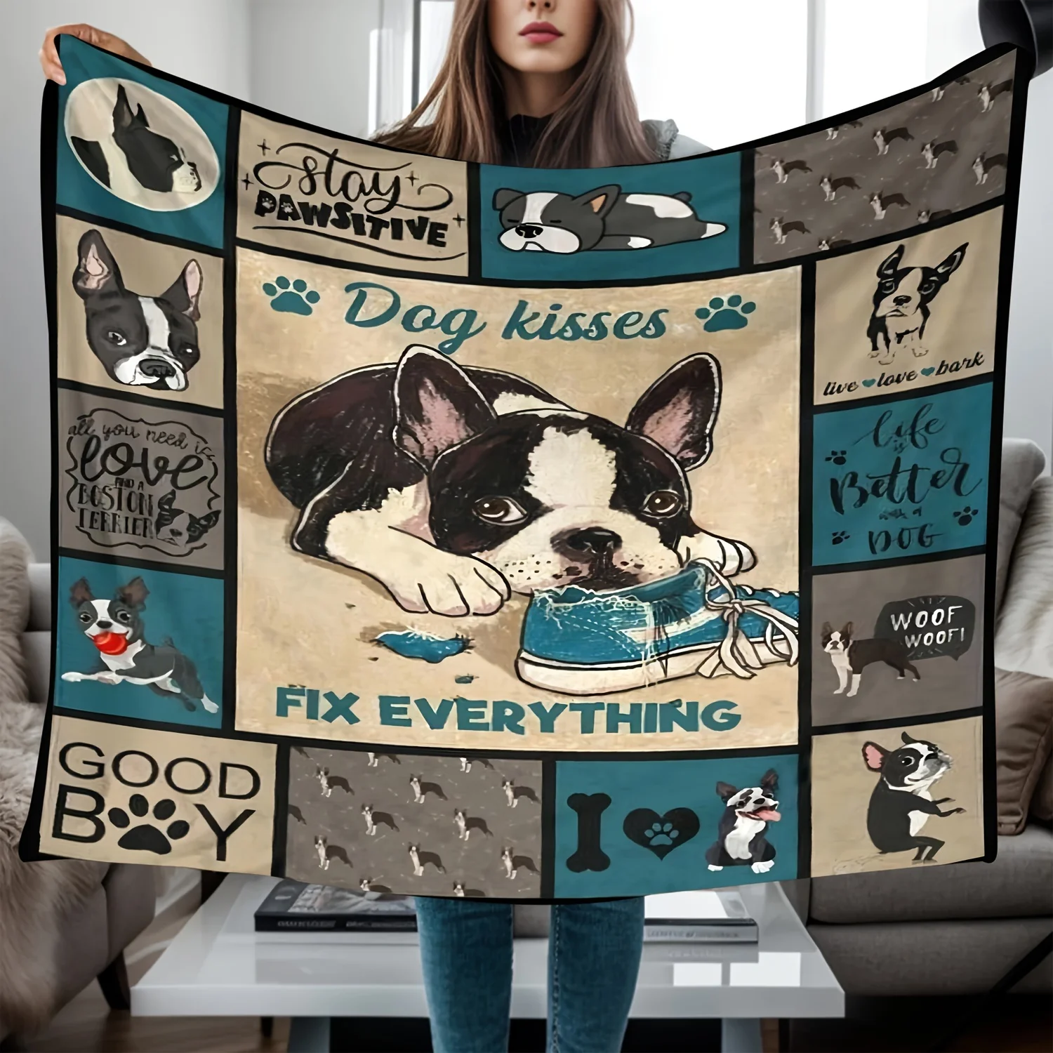 Boston Terrier Dog Pattern Cozy Throw Blanket, Lodge Style Cute Animal Couch Bed Warm Wrap, All Season Decor Gift