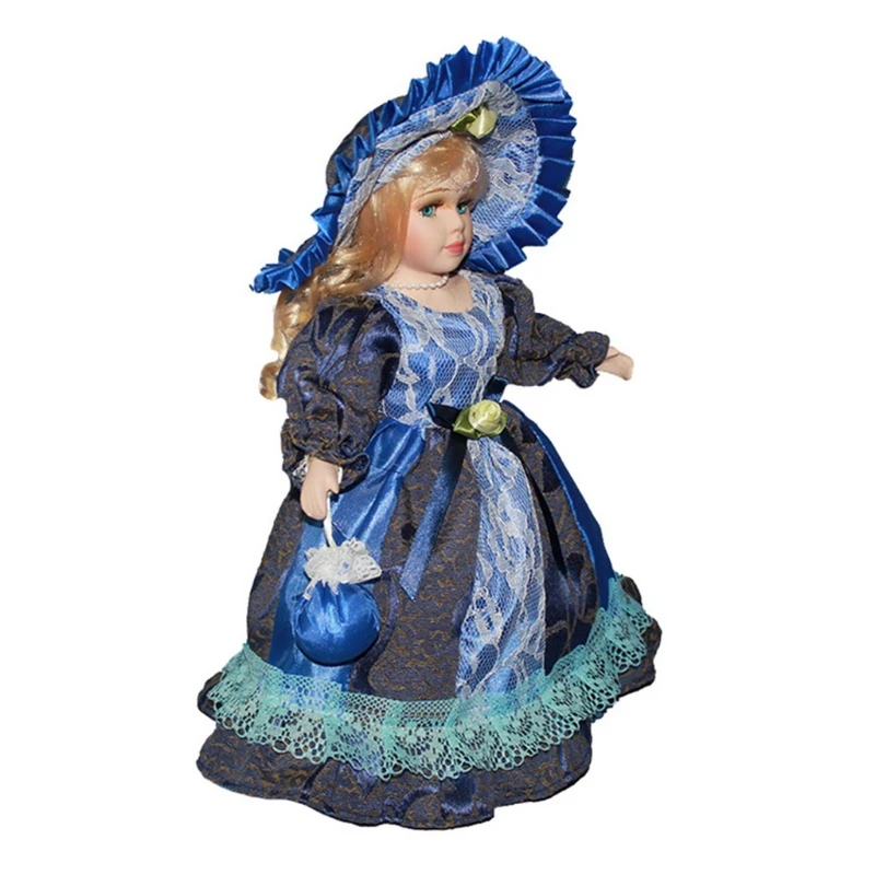 Victorian Porcelain Doll Retro Handicraft Collectible Blue Eyes Hat Dress Handbag Blonde Hair with Stand Home Ornaments