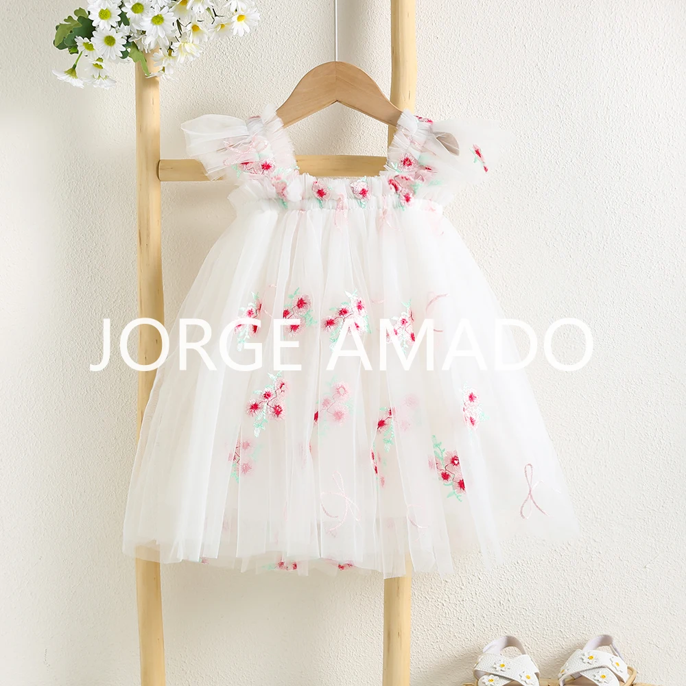 Sommerkleid für Babymädchen mit ausgestellten Ärmeln, Tüllkleid mit Blumenstickerei, weiß-rosa Mesh-Tutu, Partykleid, süßes Prinzessinnenkleid für Kinder A5342