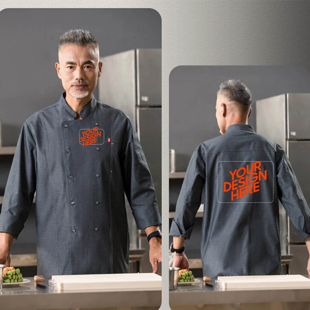 

Customize Diy Logo Chef Uniform Long Sleeve Warm Chef Jacket With Front Pockets Oblique Collar Suits For Men Catering For Coffee