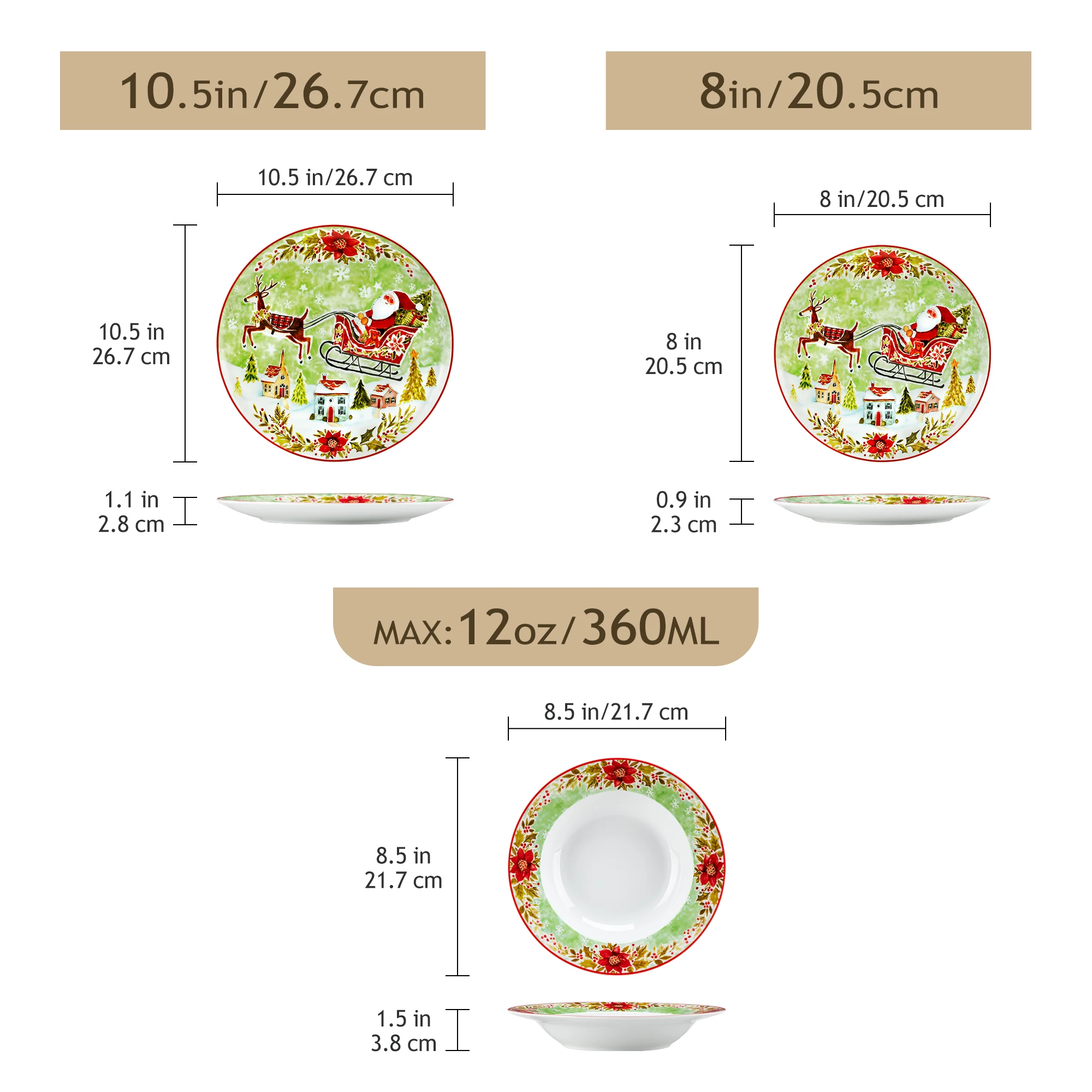 VEWEET 18/36Piece Christmas Dinnerware Plate Santaclaus Elk Style Light Green With 6PCS Dinner Plate/Dessert/Soup Plate for 6