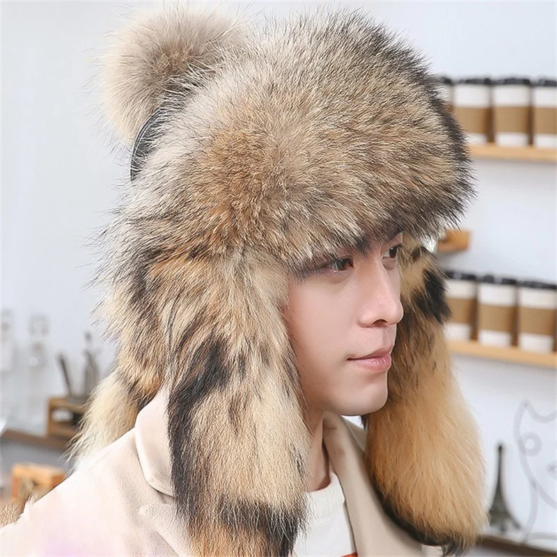 

Thickened Fluffy Fur Hat For Men High Quality Raccoon Fur Warm Lei Feng Hat New Winter Luxury Ear Protection Hat