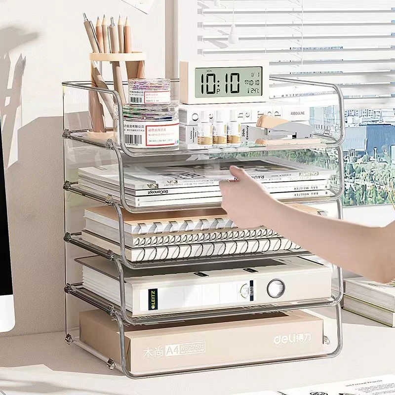 

Transparent Desktop File Tray Stackable Large Capacity Stationery Book Storage Rack Jewelry A4 Paper Organizer Home Office
