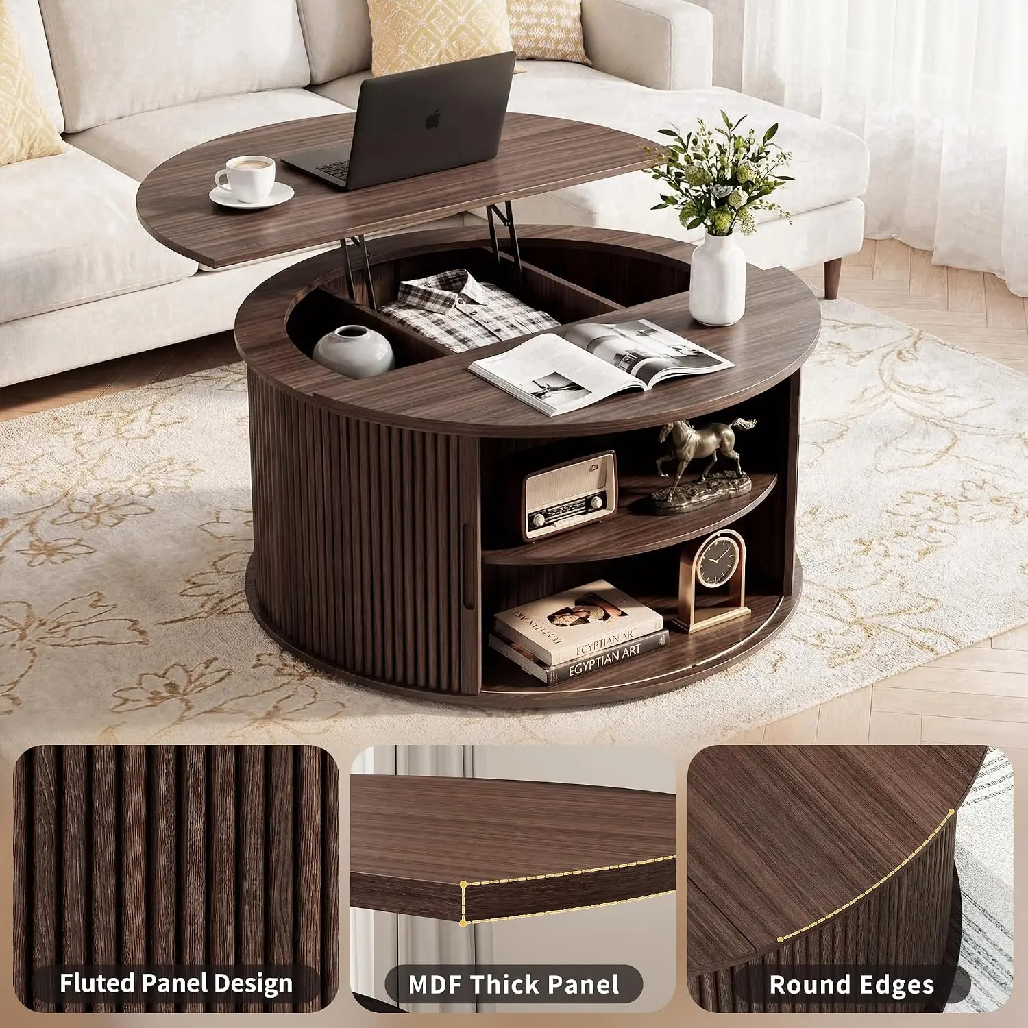 Round Lift Top Coffee Table with Storage, Fluted Drum with 360° Door & Open Shelves,  Walnut, Customized