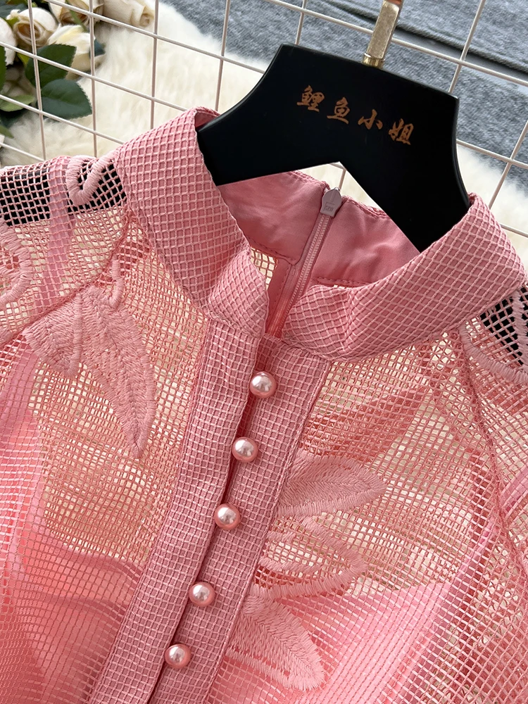 Franse elegante verjaardagsfeestjurk voor dames met een uitgesneden borduurwerk in hofstijl, mini-a-lijnjurk met enkele rij knopen S97