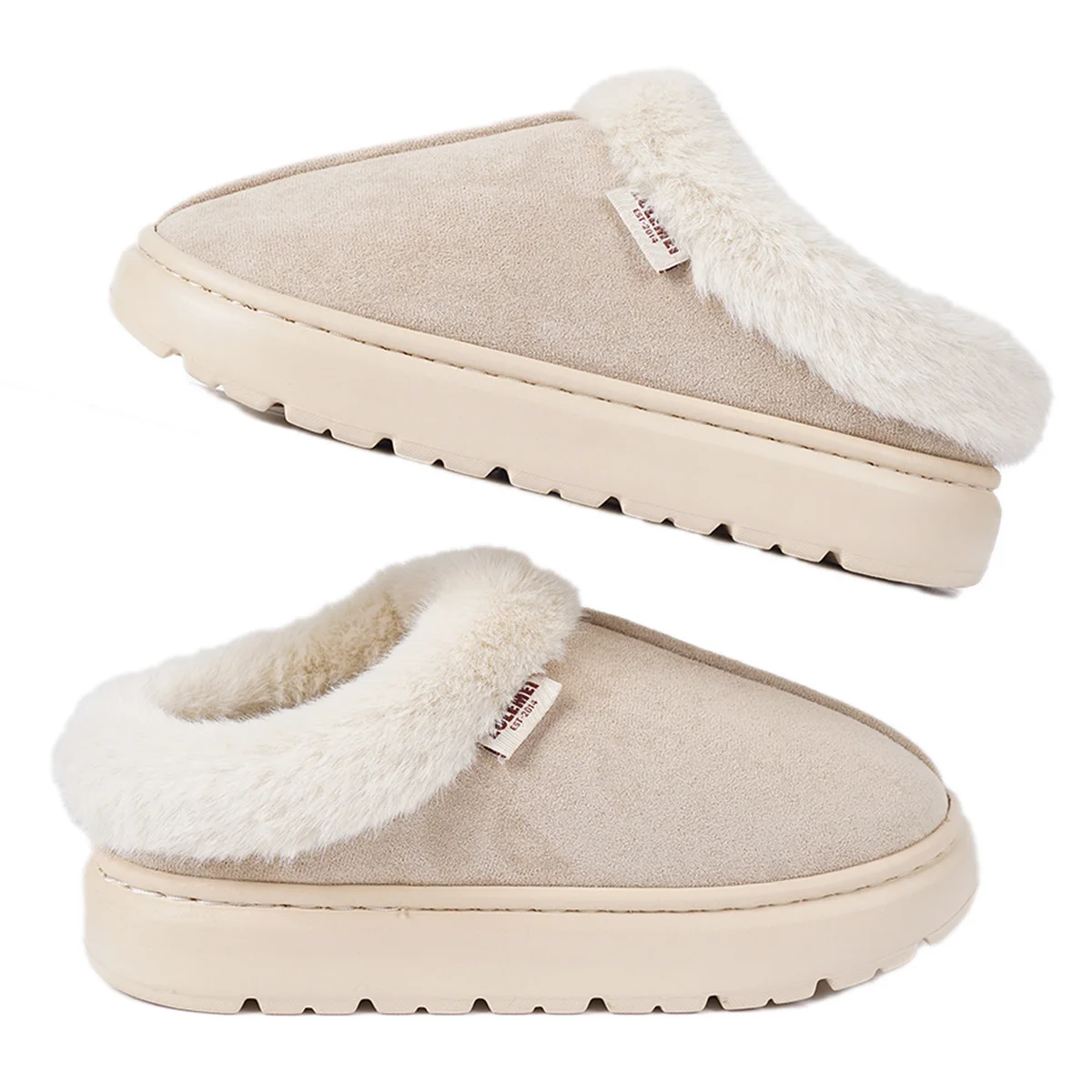 Shevalues Winter Fluffy Women Slippers Fashion Platform Plush Slippers Outdoor Non-slip Cotton Shoes Fuzzy House Cotton Shoes