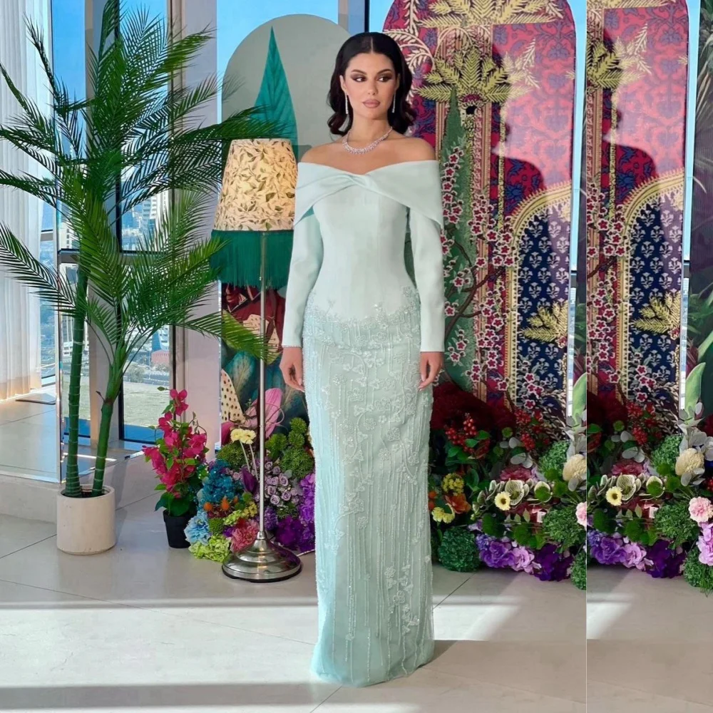 Customized Modern Style Jersey Pleat Sequined Straight Off-the-shoulder Long Prom Dresses Bespoke Occasion Matching