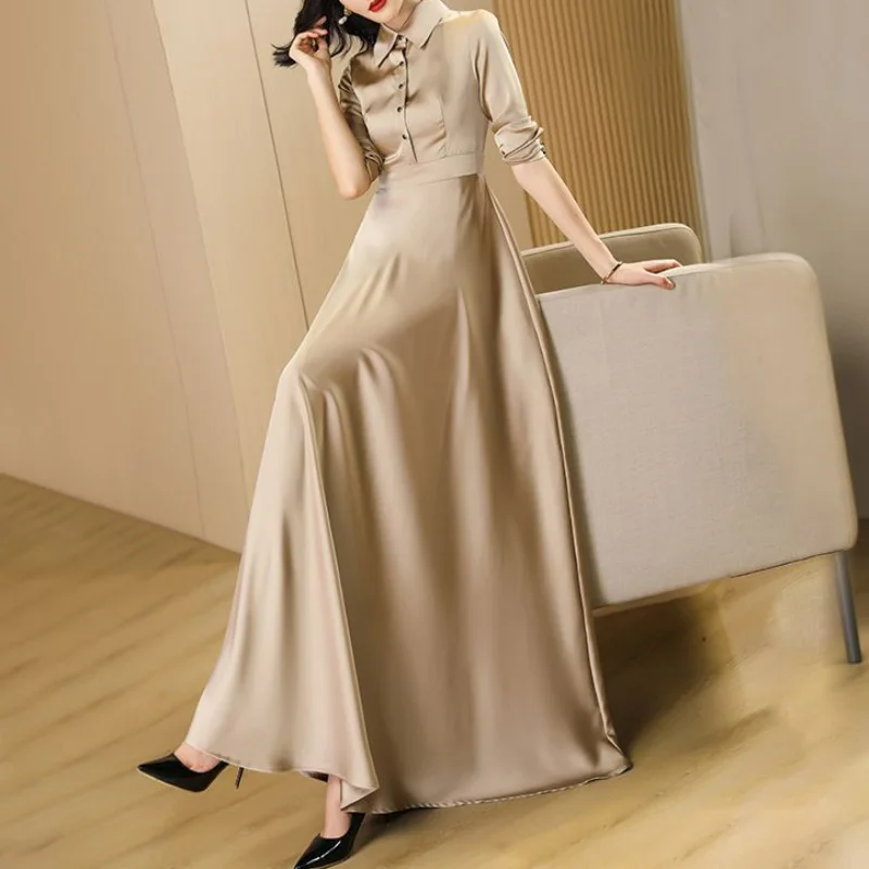 Autumn Large Swing Skirt Temperament Long Champagne Color Dress Polo Collar Button Slim Elegant Simple Waist Acetic Acid Dresses