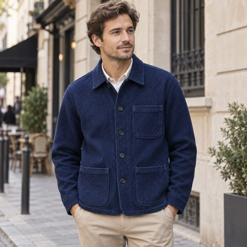 Men Vintage French Workwear Jacket Multi Pocket Button Up Chore Coat Turn Down Collar Casual Heavyweight Work Jacket