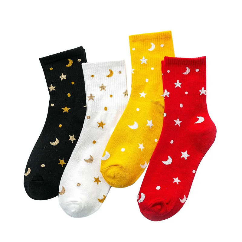 Japanese Korean Harajuku Silver Silk Woman Socks with Star Moon Cartoon Funny Socks Women Casual Kawaii Calcetines 31802