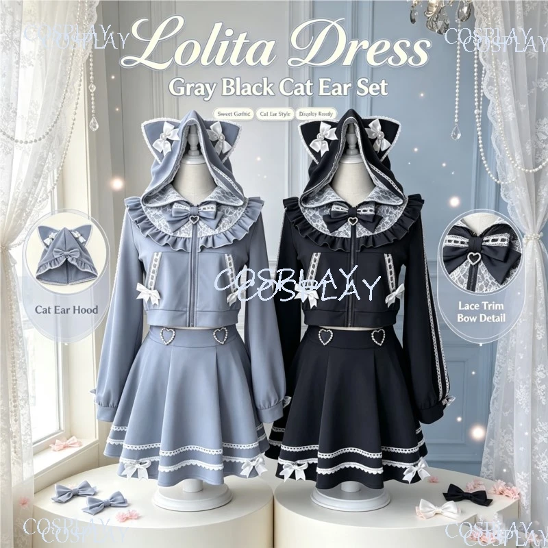 Y2K Jirai Kei Two-Piece Set Cute Cat Ear Sweet Long Sleeve Cropped Jacket Skirt Black Light Blue Japanese Autumn Winter Outfit