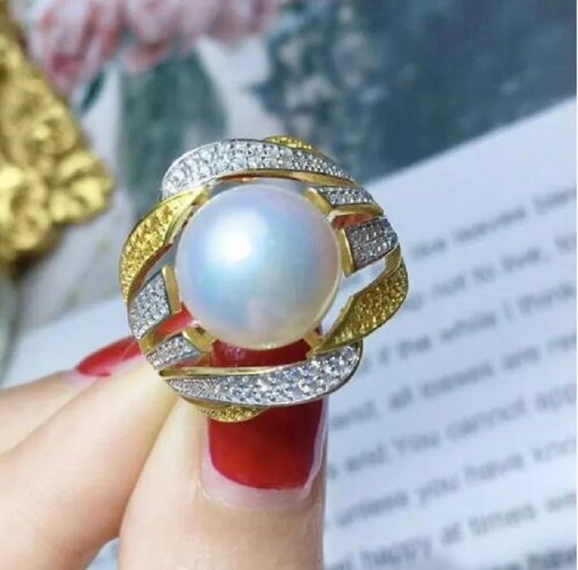 

Huge AAAAA 12-13mm Genuine Natural South Sea White Stud Pearl Ring 925S...