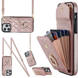 Crossbody Lanyard Ring Holder Leather Case for iPhone 13 14 15 16 E 17 Pro Max 17 Air 16 Plus 12 11 Multi Card Slot Wallet Cover