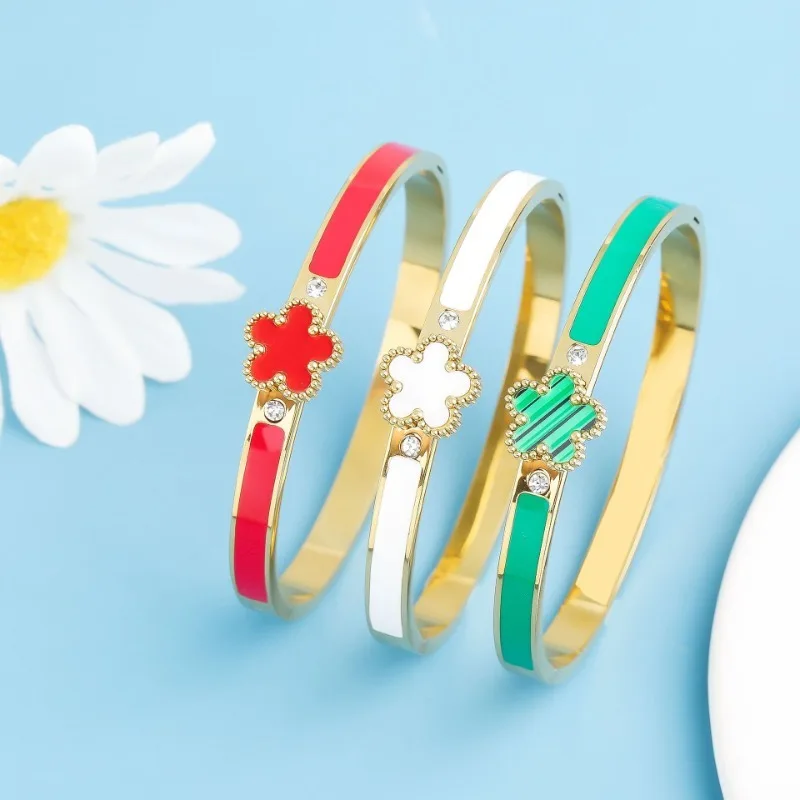 

Lucky Fashion Five-leaf Flower Stainless Steel Bracelet Bangle 18k Gold Color Lucky Grass Bracelets Female Jewelry Gift
