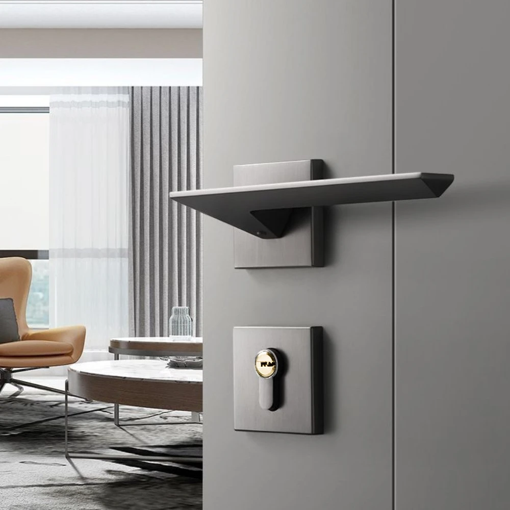 Grey Black Modern Door Handle Lever With Lock For Kitchen Bedroom Bathroom Room Office Hotel 