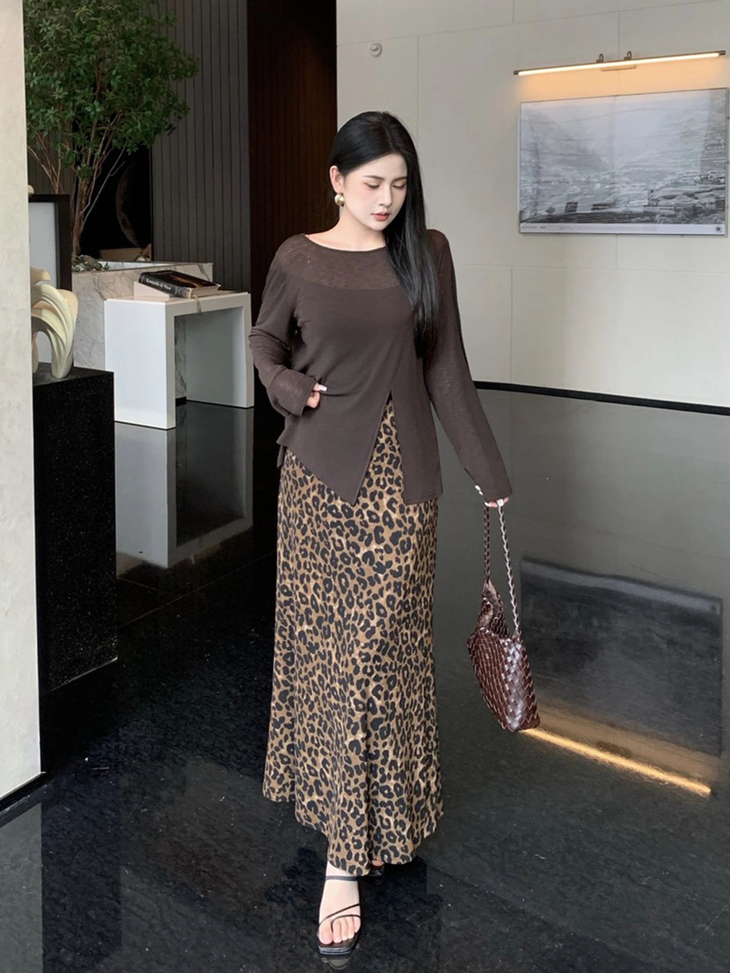 plus Size Fashion Set Leopard Print Half Skirt Three Piece Suite Early Autumn Slimming Meat Covering Top Women's Clothing