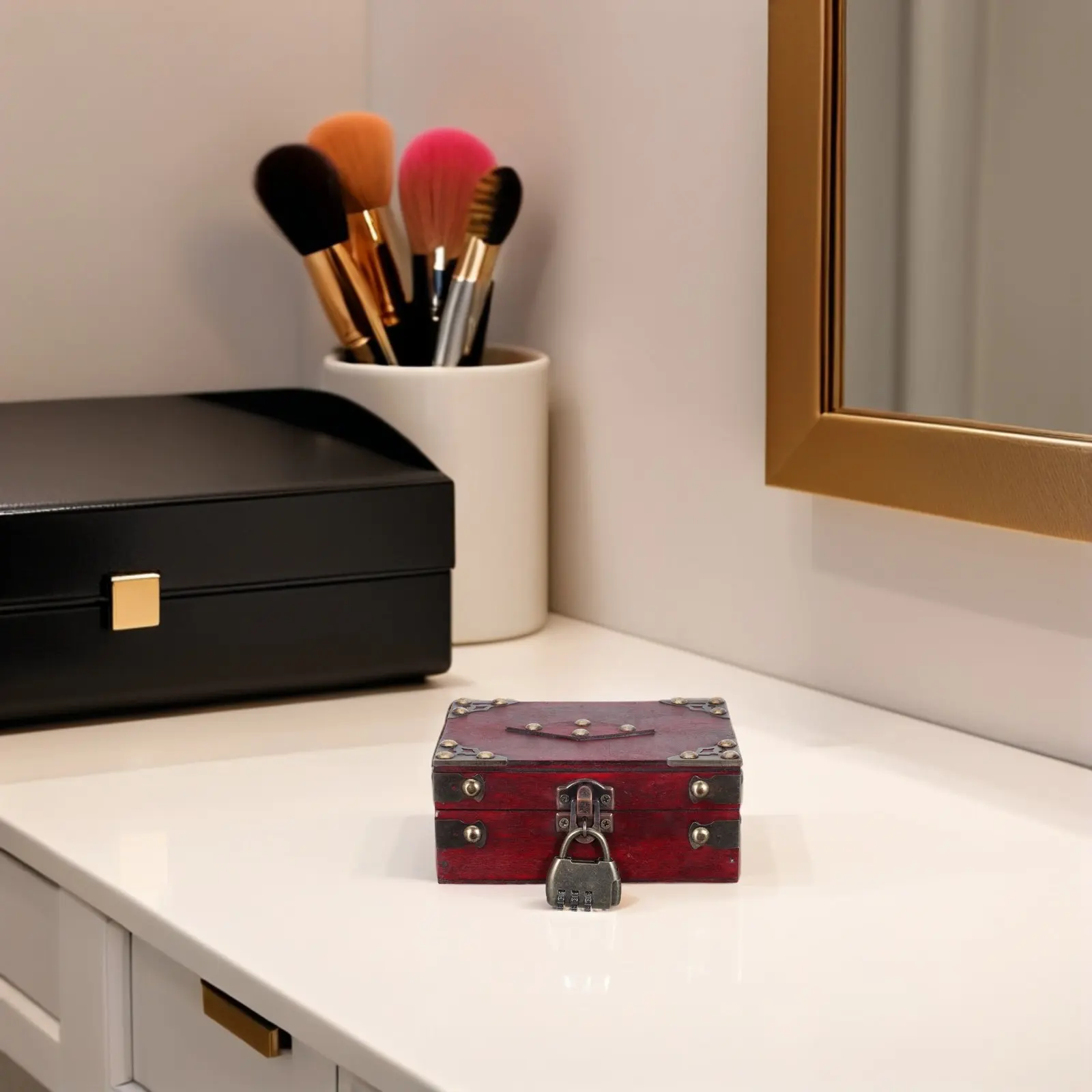 Vintage Rustic Wooden Trinket Box Red Finish with 3-Digit Combination Lock and Hinged Lid for Jewelry Keepsakes