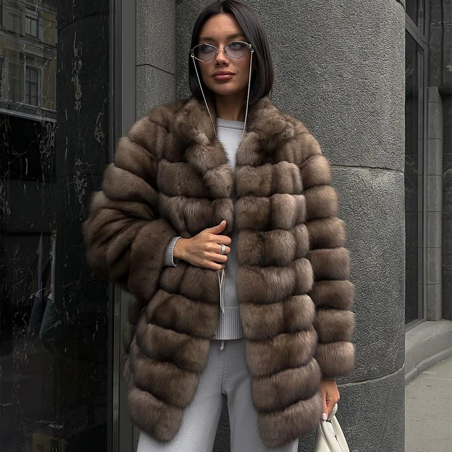 

Real Fox Fur Coat Womens Winter Fur Jackets With Stand Collar Luxury Warm Women's Mid-Length Natural Fox Fur Coat