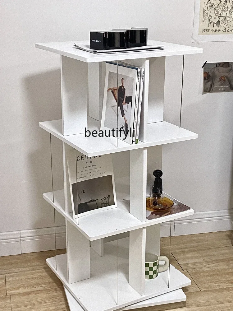 Multi-Layer Display Storage Decoration Shelf Stainless Steel Floor Storage Cabinet Rotating Bookshelf