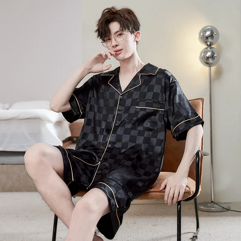 

5XL Plus Size Satin Silk Pajamas Pjs Set for Men Summer Short-sleeved Shorts Sleepwear Striped Plaid Loose Loungewear Boys Gifts