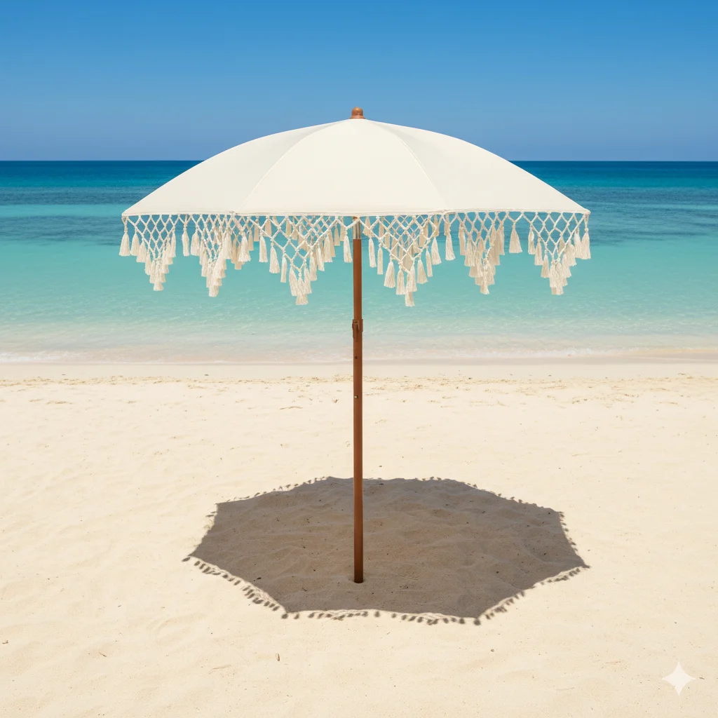 Triangle Fringe Decorated UPF50+ Outdoor Sunshade Umbrella Rotatable for Courtyard Beach Sun Protection No Base Included