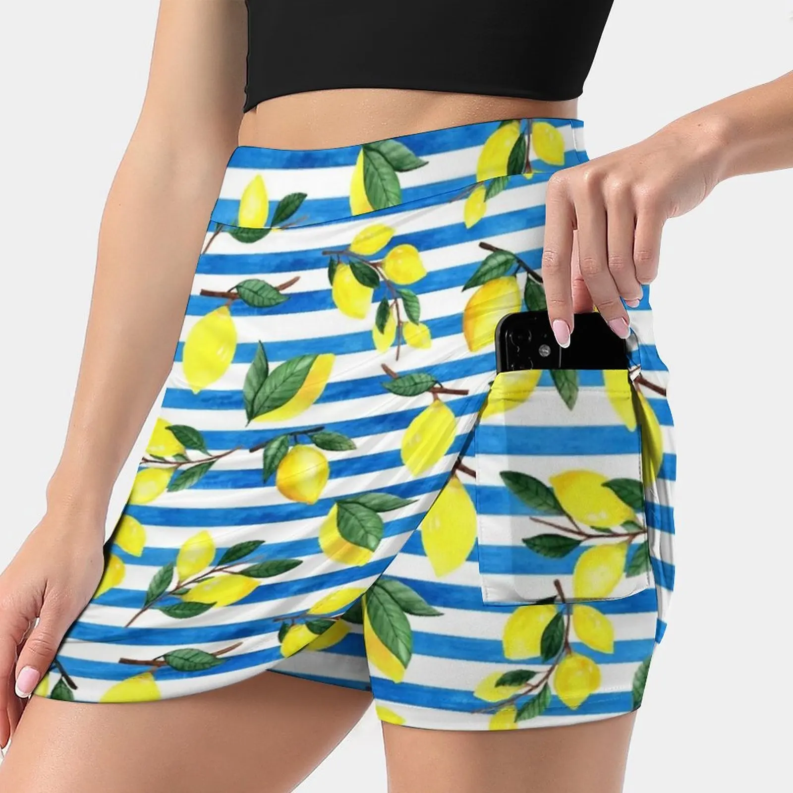 Watercolor Lemons On Striped Background Skirts Woman Fashion 2022 Pant Skirt Mini Skirts Office Short Skirt Lemon Barberry