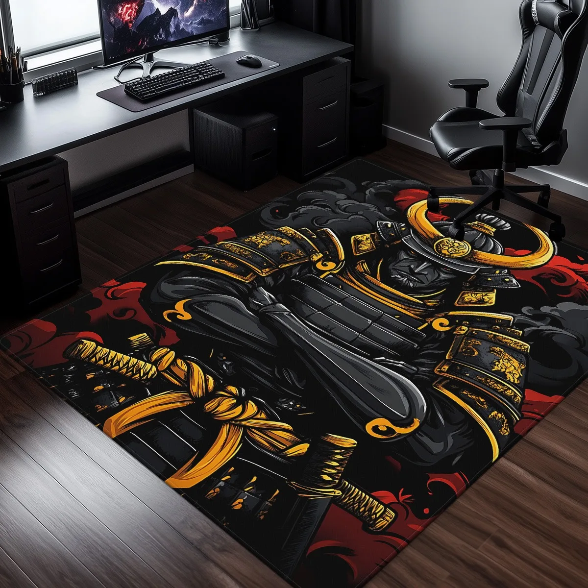 Samurai Armor Warrior Japanese Theme Crystal Velvet Rug Anime Gamer Room Decor Office Floor Mat