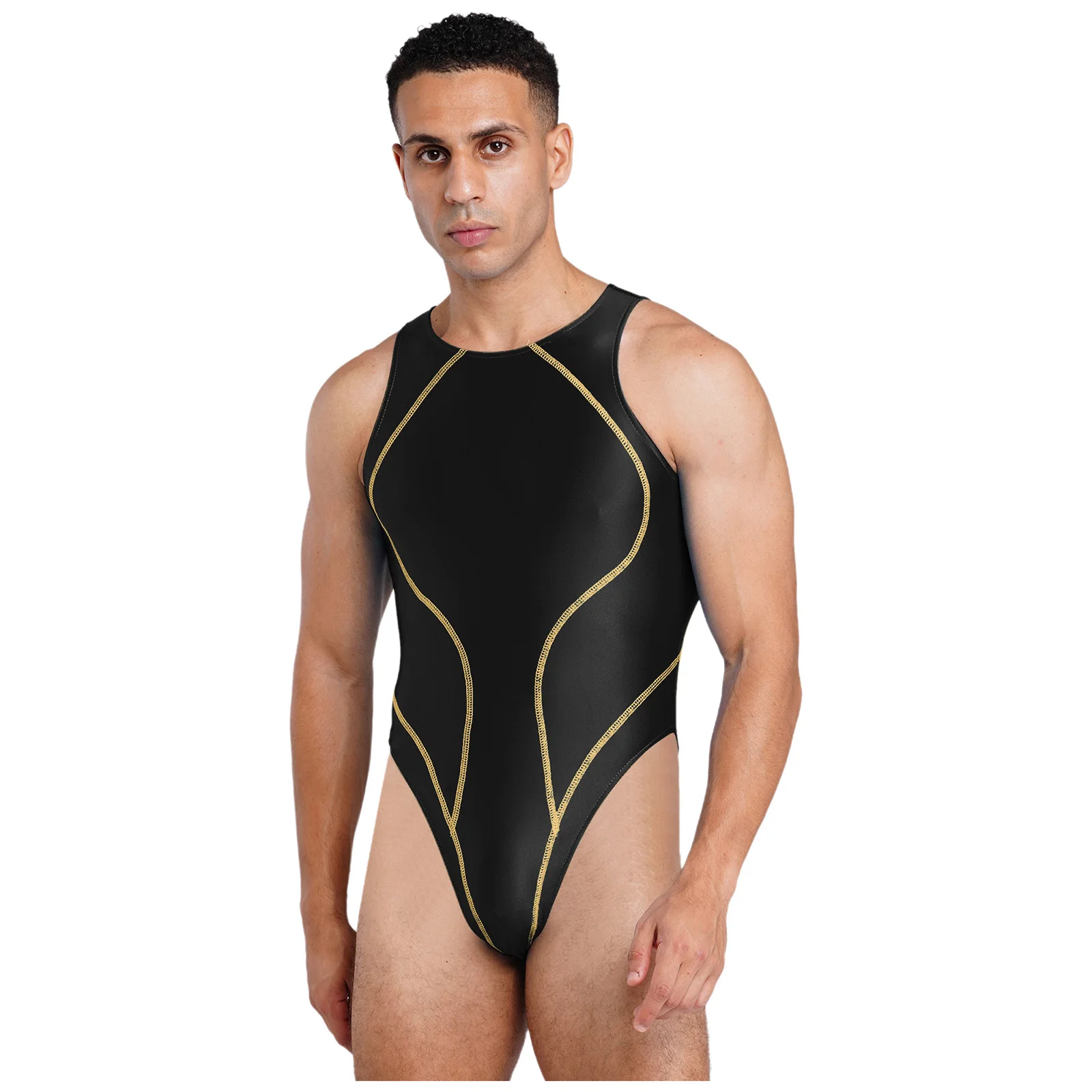 Mens Lingerie Oil-shiny One Piece Swimsuit Swimming Bathing Suit Color Blocking Seams Sleeveless High Cutting Bodysuit Swimwear