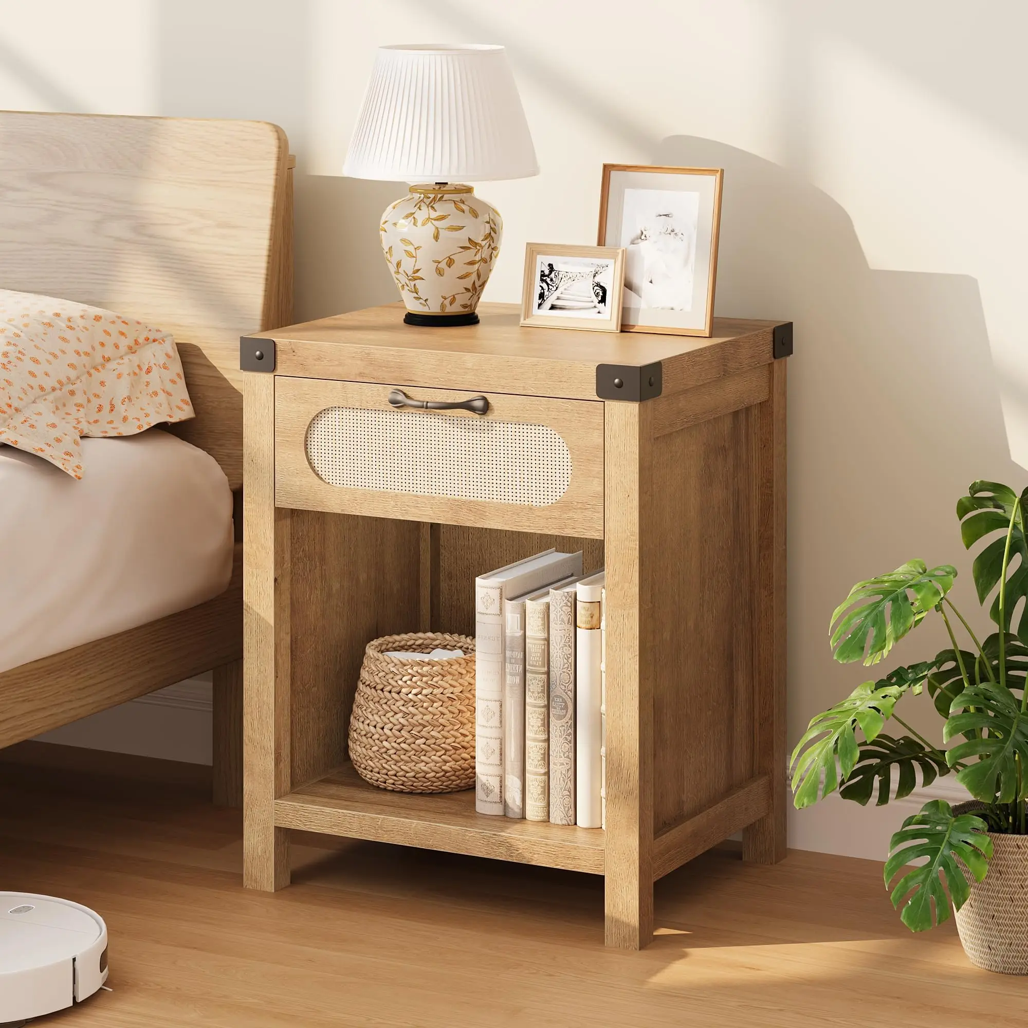Boho-Rattan-Nachttisch mit Schublade & Offenem Fach, Rattan-Seiten-Beistelltisch mit Stauraum für Schlafzimmer und Wohnzimmer, 48 X 40 X 60 cm