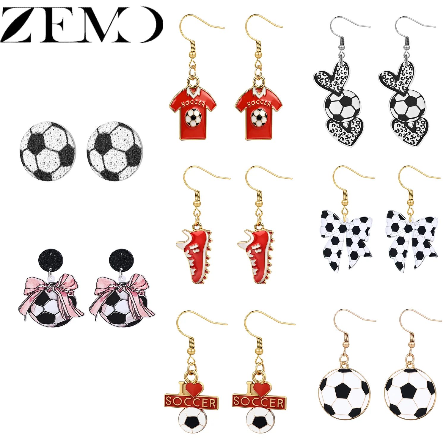 ZEMO 1 Pair Soccer Hoop Earrings Sports Football Shoes Bow Ear Stud Earring Game Ball Alloy Acrylic Dangle Earring Jewelry 0.7MM