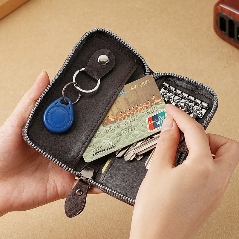 Simple retro zipper key bag Large capacity men's waist hanging leather women's card bag General Motors multi-function keychain