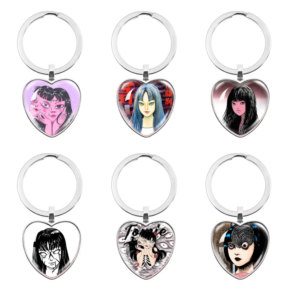 Horror Movie Tomie Kawakami Glass Peach Heart Keychain Cartoon Jewelry Backpack Accessory Pendant Keyrings Gifts